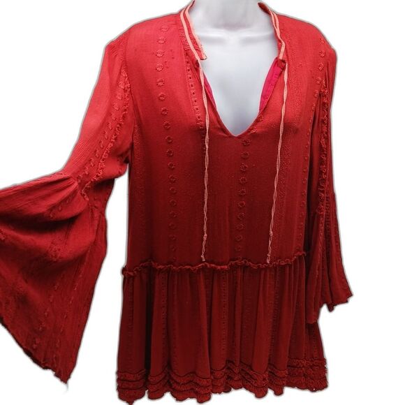 Rayon Red/Rust Colored Boho Lined Tunic V-tie Neck, Long Bell Sleeve Woman's L.. - Picture 1 of 16